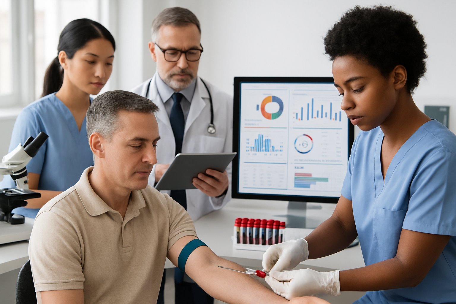 v2-131b1c-z5qnv - Preventive Medicine Daily Healthcare professionals reviewing blood test results while a patient has blood drawn in a medical clinic.