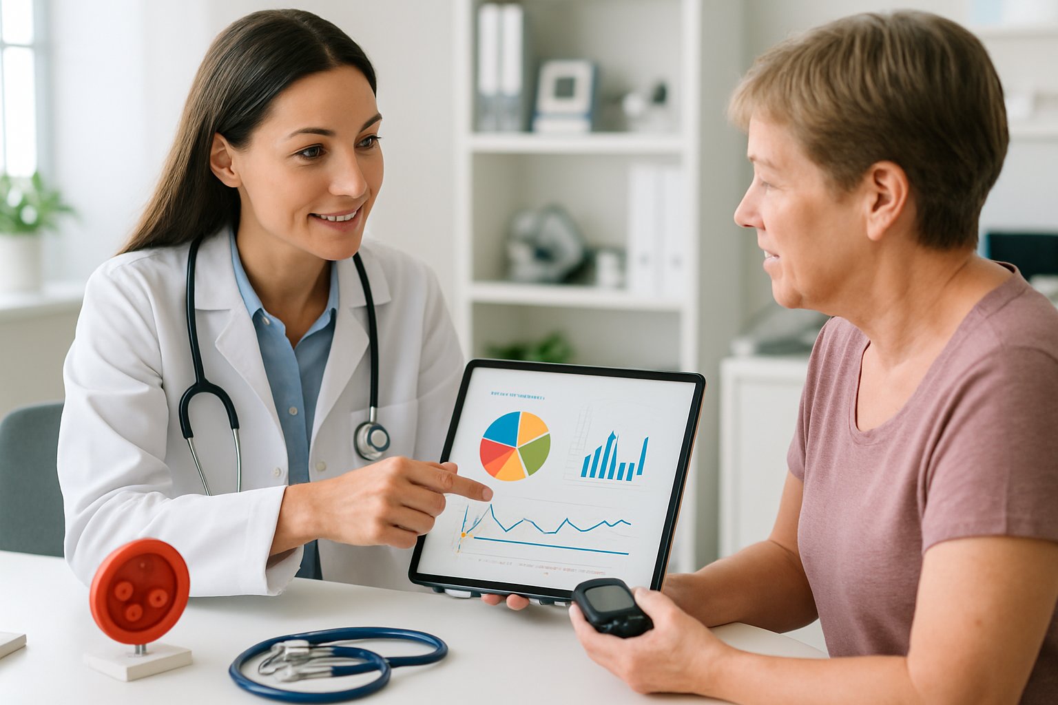 low HbA1C levels - Preventive Medicine Daily A doctor consulting with a patient in a medical office, showing charts about blood sugar levels on a tablet.