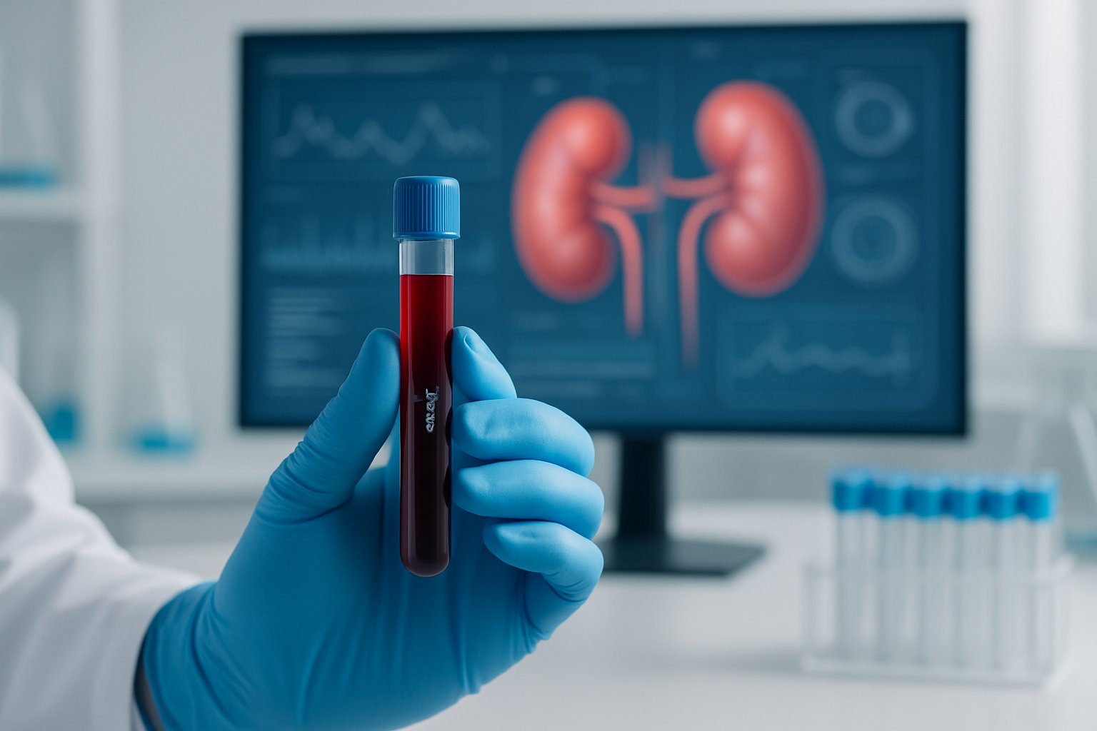 BUN high or low - Preventive Medicine Daily A healthcare professional holding a blood sample vial in a medical laboratory with kidney anatomy visuals in the background.