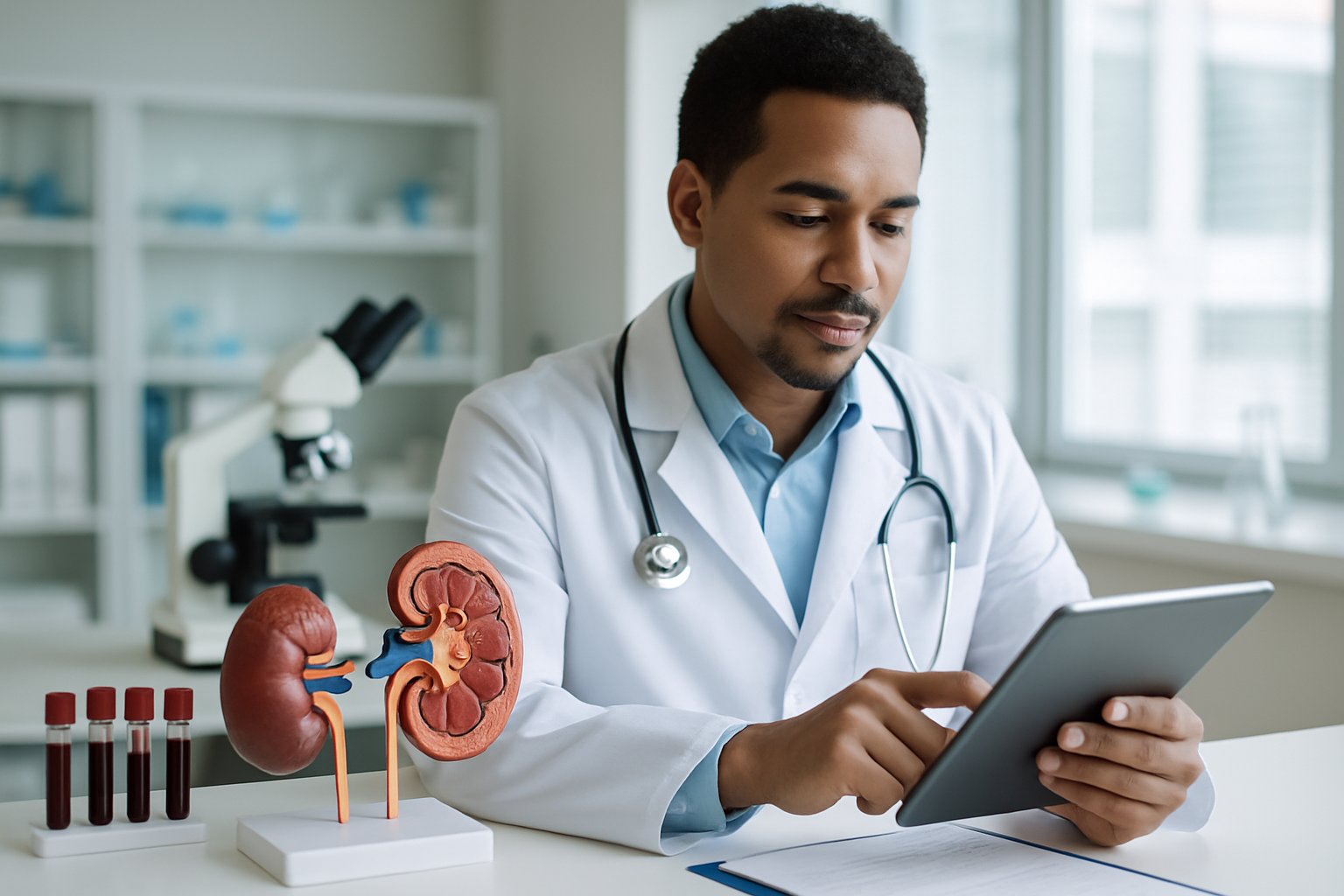 v2-132nuh-ohmwb - Preventive Medicine Daily A healthcare professional in a lab coat reviews blood test results in a medical lab with kidney models and diagnostic equipment nearby.