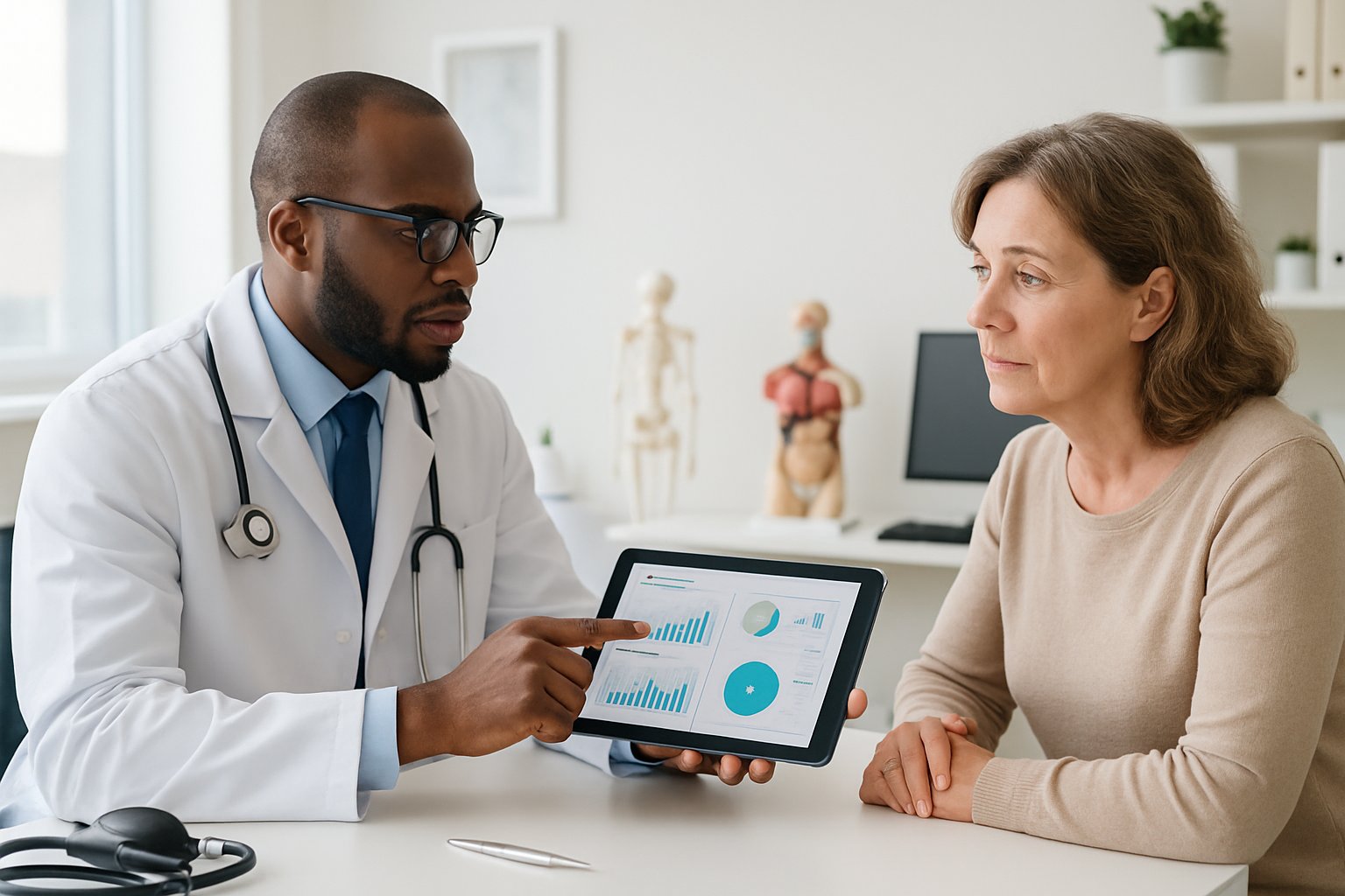v2-132nve-nwqdh - Preventive Medicine Daily A doctor and patient discussing medical information in a bright doctor's office.