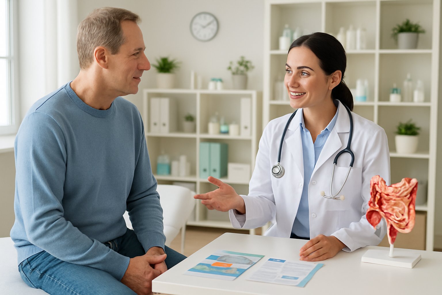 safest laxative for long-term use - Preventive Medicine Daily A healthcare professional talking to a patient in a bright medical office with medical models and supplies visible.