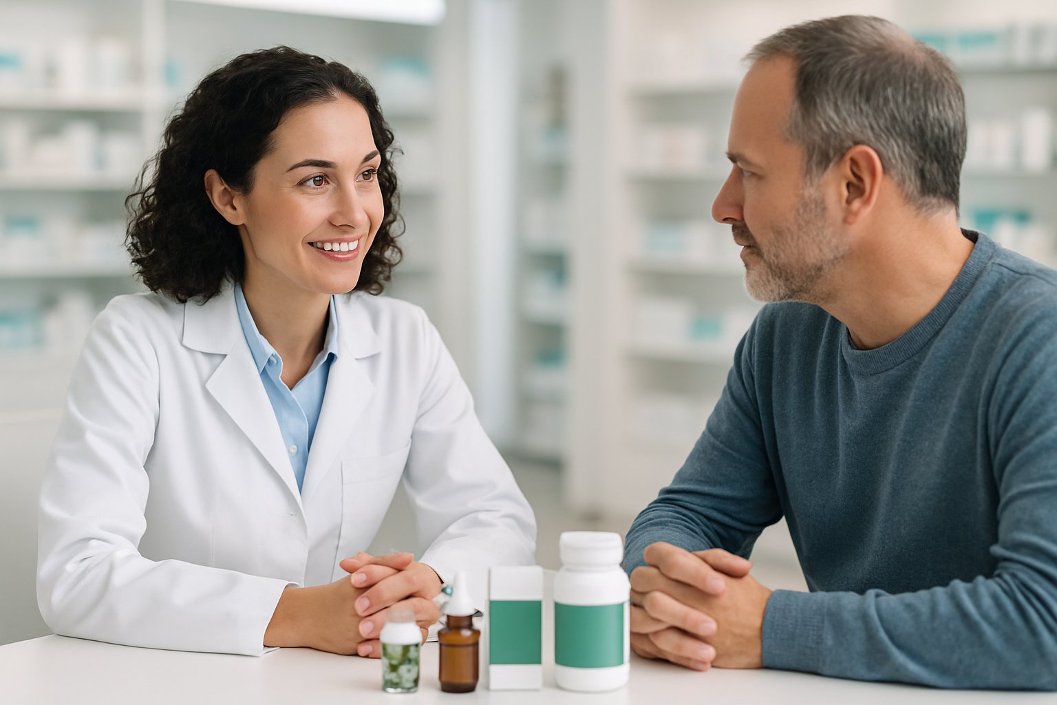 v2-132ufz-au80p - Preventive Medicine Daily A pharmacist talking with a patient in a modern pharmacy, with laxative products on the counter.