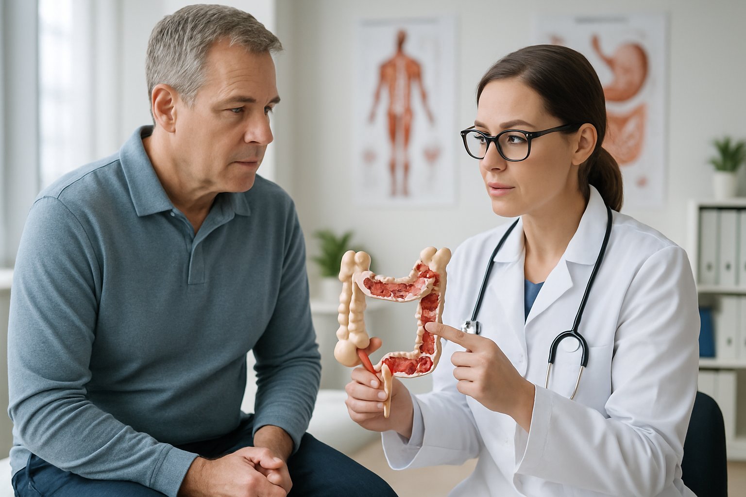 miralax dependency - Preventive Medicine Daily A doctor explains colon health to a patient using a colon model in a medical office.