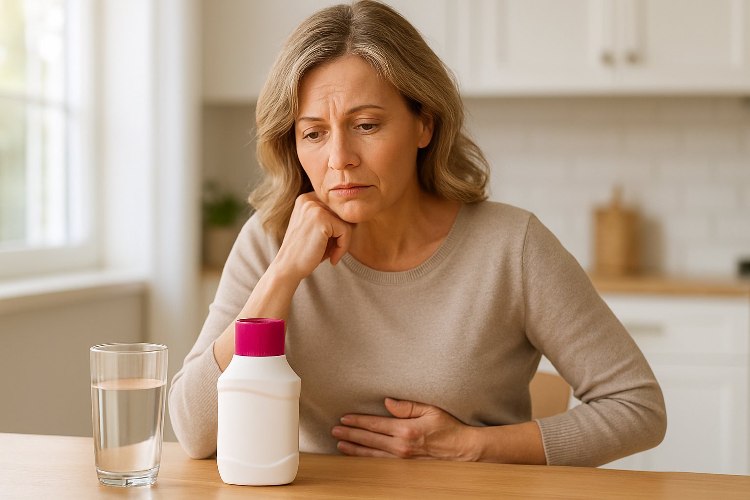 v2-132v4d-fb8ac - Preventive Medicine Daily A middle-aged woman sitting at a kitchen table with a glass of water and a bottle of Miralax, looking thoughtful and gently touching her abdomen.