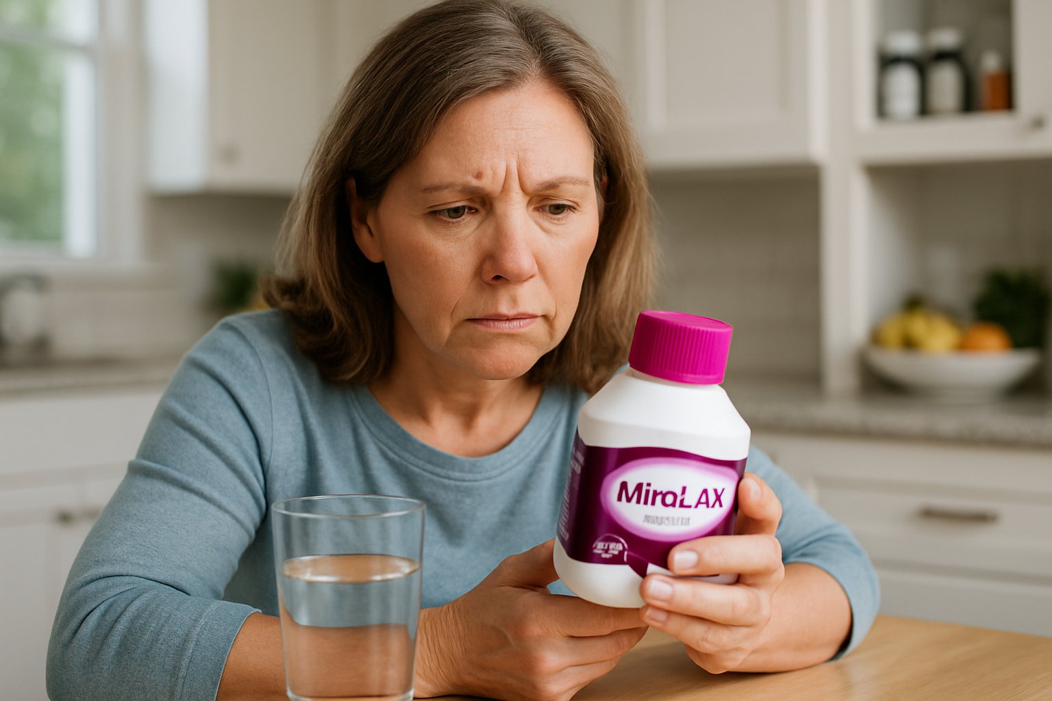 v2-132w96-hu2h2 - Preventive Medicine Daily A middle-aged woman sitting at a kitchen table looking thoughtfully at a bottle of Miralax with a glass of water nearby.