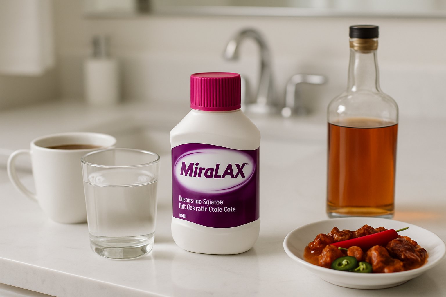 v2-132w9p-s8bbk - Preventive Medicine Daily A bathroom countertop with a bottle of Miralax, a glass of water, coffee cup, alcohol bottle, and spicy food plate arranged to suggest items to avoid when taking Miralax.