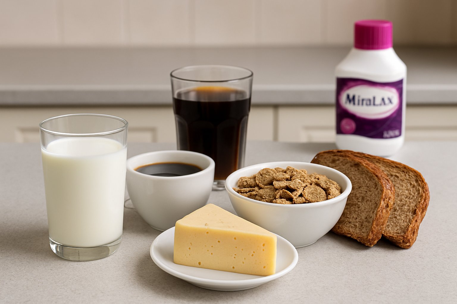 v2-132wae-sotn9 - Preventive Medicine Daily Kitchen countertop with dairy products, coffee, soda, bran cereal, and whole grain bread displayed alongside a blurred Miralax bottle.