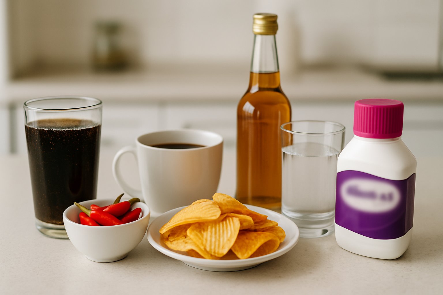 v2-132wba-hfrb5 - Preventive Medicine Daily A kitchen countertop displaying soda, spicy peppers, coffee, processed snacks, alcohol, water, and a Miralax bottle with the label blurred.