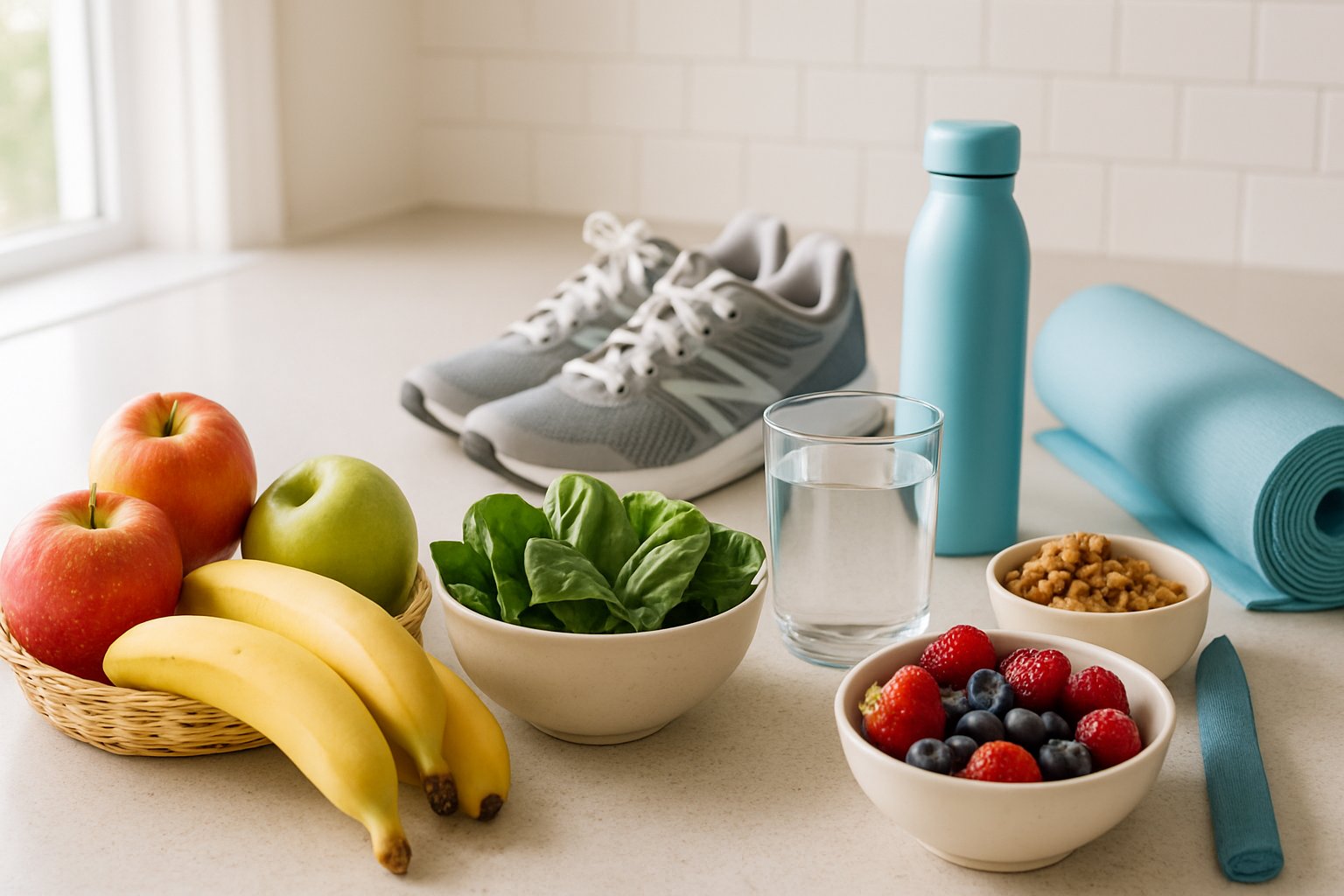 v2-132wcw-daluu - Preventive Medicine Daily A kitchen countertop with fresh fruits, vegetables, a glass of water, and items representing healthy lifestyle habits.