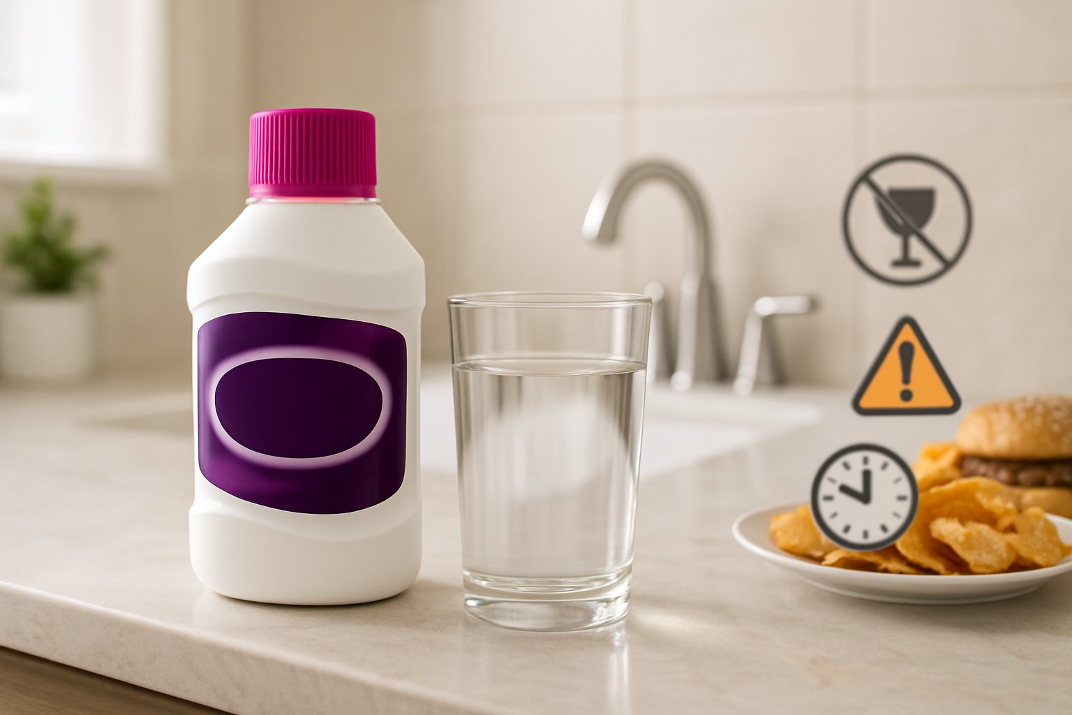 What to avoid when taking miralax - Preventive Medicine Daily A bathroom countertop with a bottle of Miralax, a glass of water, and subtle visual icons representing precautions around its use.