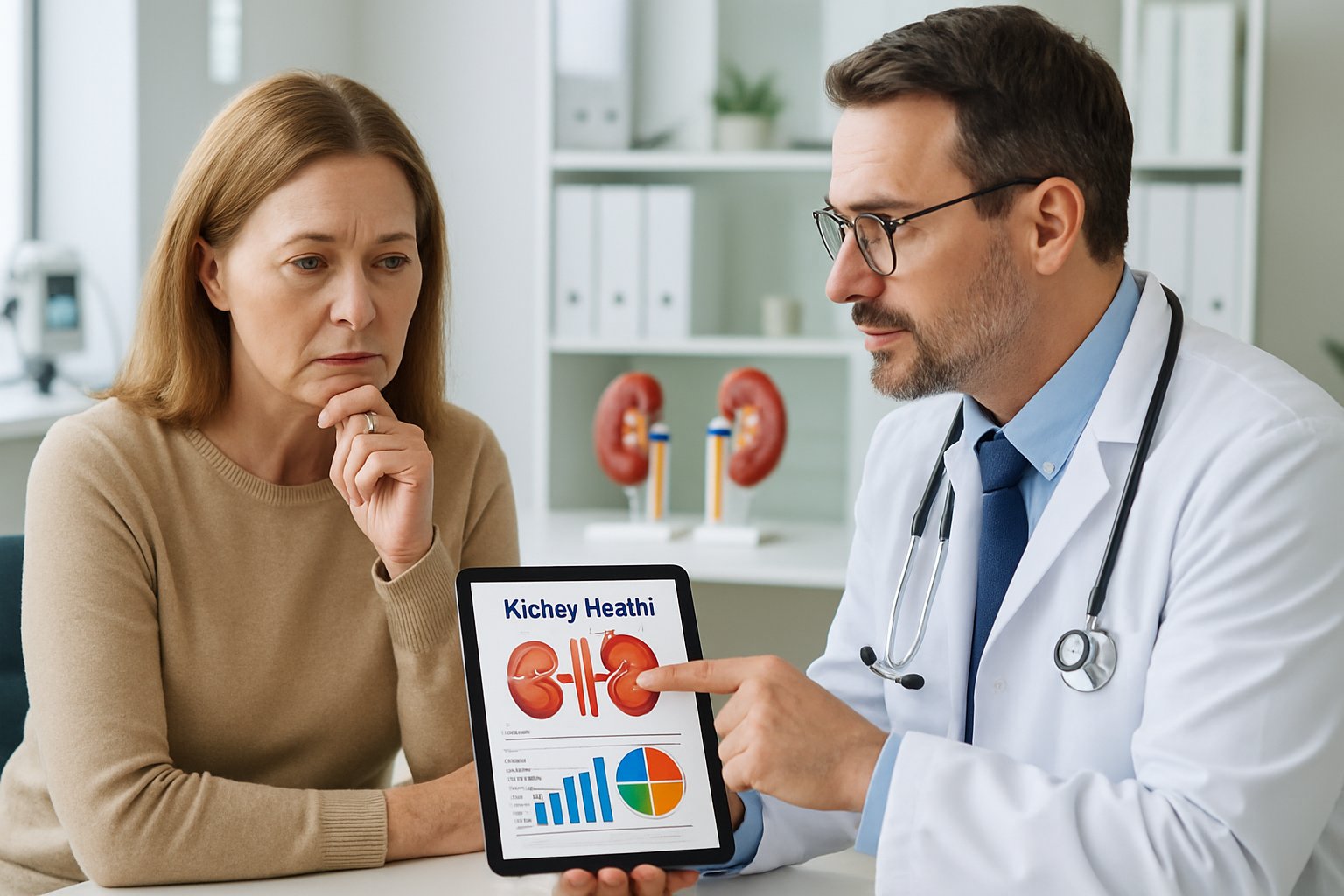v2-1337sc-yk01d - Preventive Medicine Daily A woman talking to a doctor in a medical office, looking concerned while the doctor explains something on a tablet.
