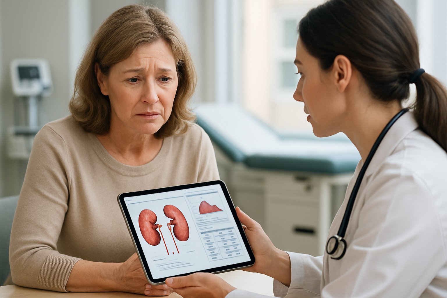 v2-1337uo-lc42i - Preventive Medicine Daily A middle-aged woman talks with a healthcare professional in a medical office, discussing kidney health.