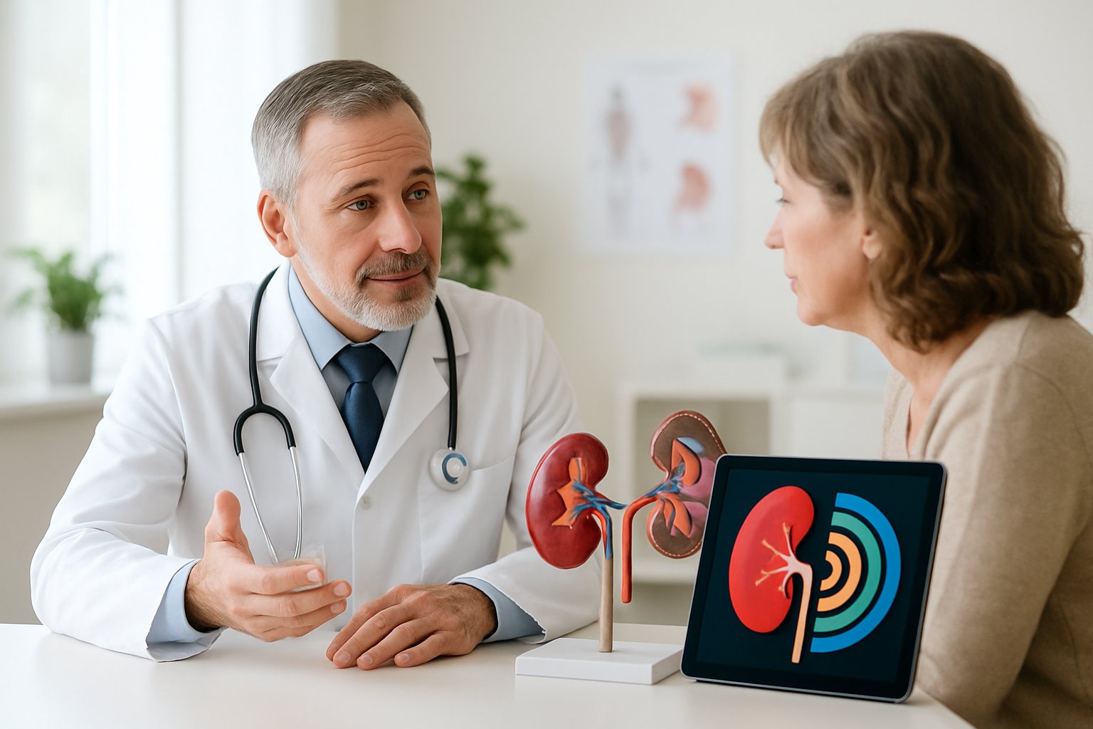 v2-1337vf-959ia - Preventive Medicine Daily A doctor explains kidney health to a patient in a bright medical office with a kidney model and chart on the desk.