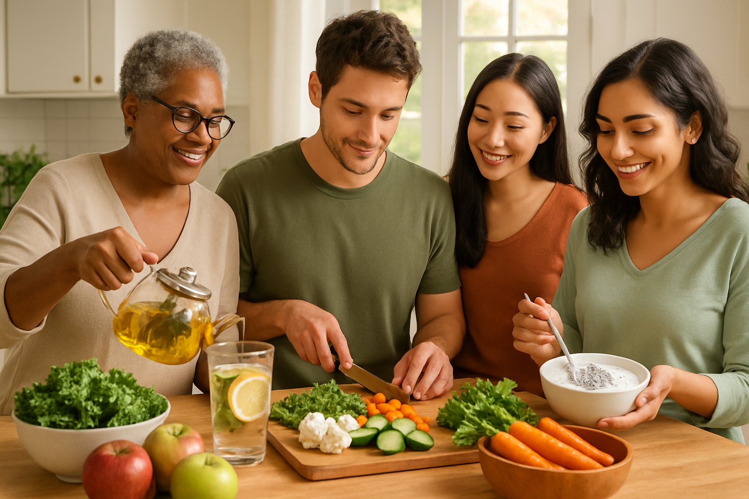 v2-1344cc-9fd91 - Preventive Medicine Daily People preparing and enjoying fresh fruits, vegetables, yogurt, and herbal tea in a bright kitchen.