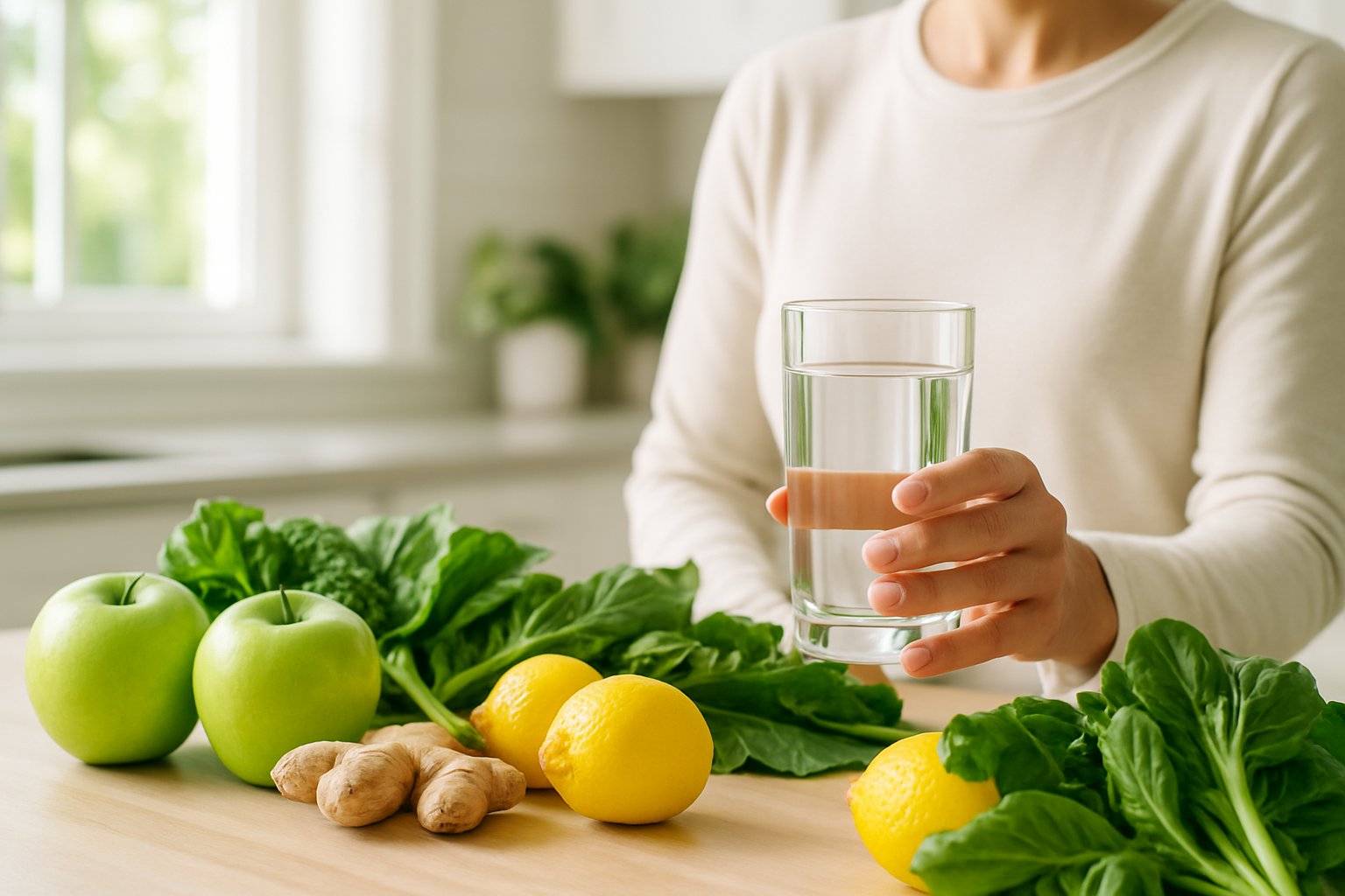 v2-1344cy-nvets - Preventive Medicine Daily A person holding a clear glass of water in a kitchen with fresh fruits and vegetables on the counter.