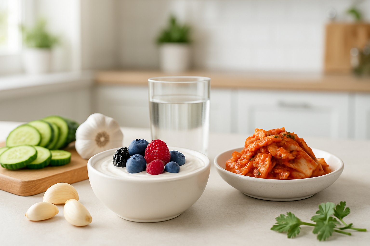 v2-1344dp-r5pao - Preventive Medicine Daily A kitchen countertop with a bowl of yogurt topped with berries and a plate of kimchi, surrounded by fresh ingredients in a bright kitchen.