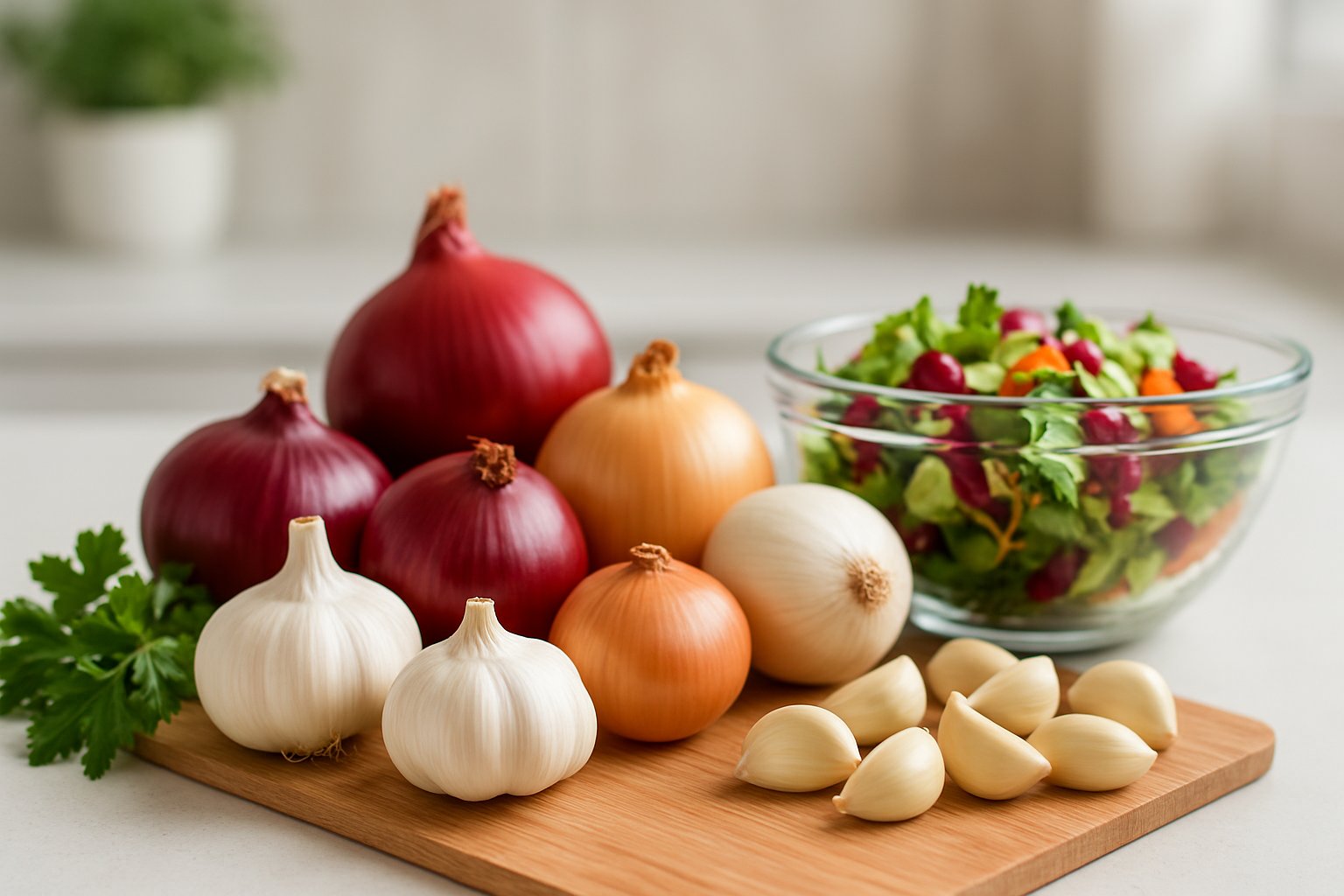 v2-1344eb-y898t - Preventive Medicine Daily A kitchen countertop with fresh garlic bulbs, peeled garlic cloves, red and white onions, herbs, and a bowl of mixed salad.