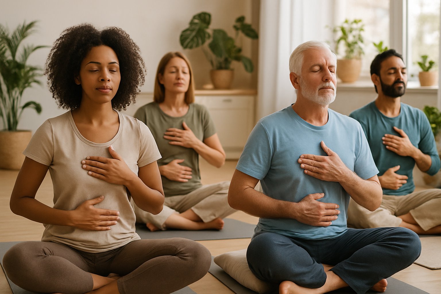 v2-1344f1-vrclq - Preventive Medicine Daily A group of adults meditating on yoga mats in a bright room with plants and a kitchen area with fresh fruits in the background.
