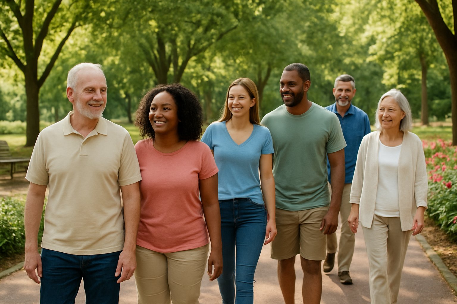 v2-1344g7-igntj - Preventive Medicine Daily People walking along a tree-lined park path in the daytime, enjoying a casual stroll after a meal.
