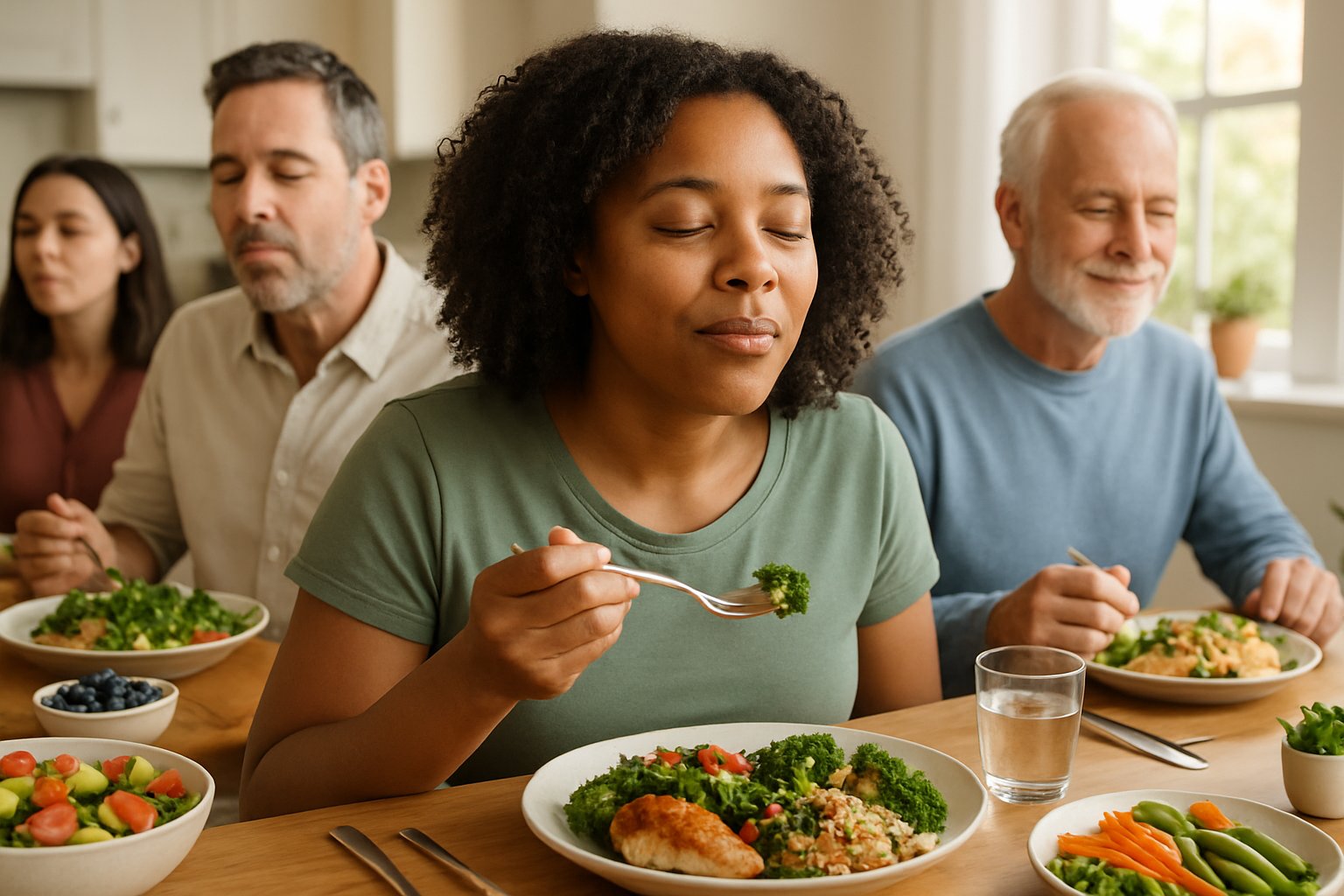 v2-1344hq-8baln - Preventive Medicine Daily A group of adults sitting around a dining table, chewing food slowly and enjoying a healthy meal together.