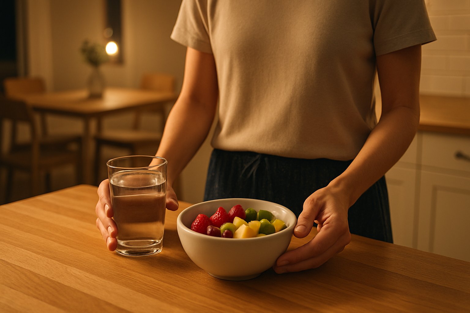 v2-1344ib-f0fx5 - Preventive Medicine Daily A person placing a small bowl of fresh fruit and a glass of water on a kitchen countertop in the evening.