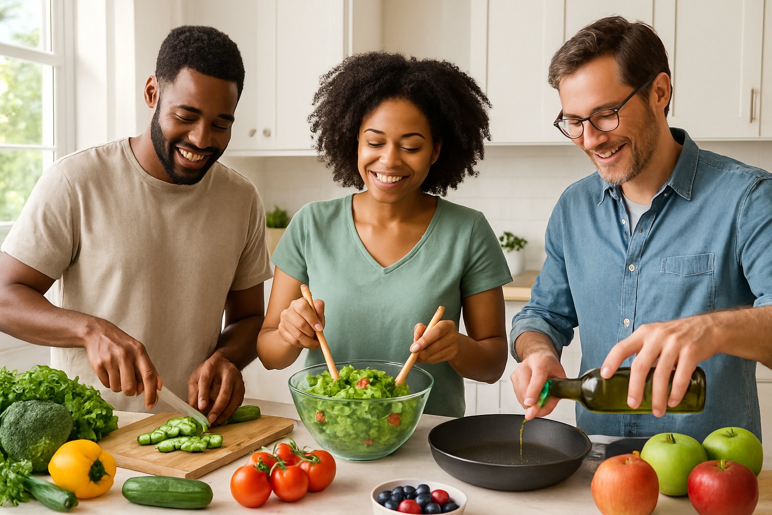 10 ways to improve your digestion - Preventive Medicine Daily Three adults preparing a healthy meal with fresh vegetables and fruits in a bright kitchen.