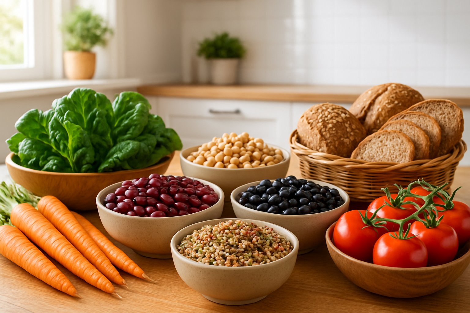 v2-1344jn-1wthc - Preventive Medicine Daily A kitchen table displaying bowls of beans, whole grain breads, mixed grains, and fresh vegetables in a bright kitchen setting.