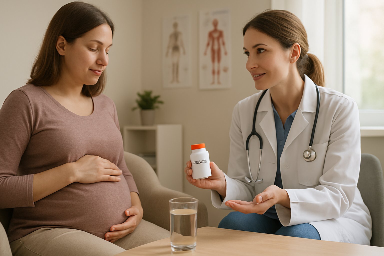 v2-1345lf-0wkng - Preventive Medicine Daily A pregnant woman sitting with a healthcare professional in a clinic, discussing medication with a bottle of pills on the table.