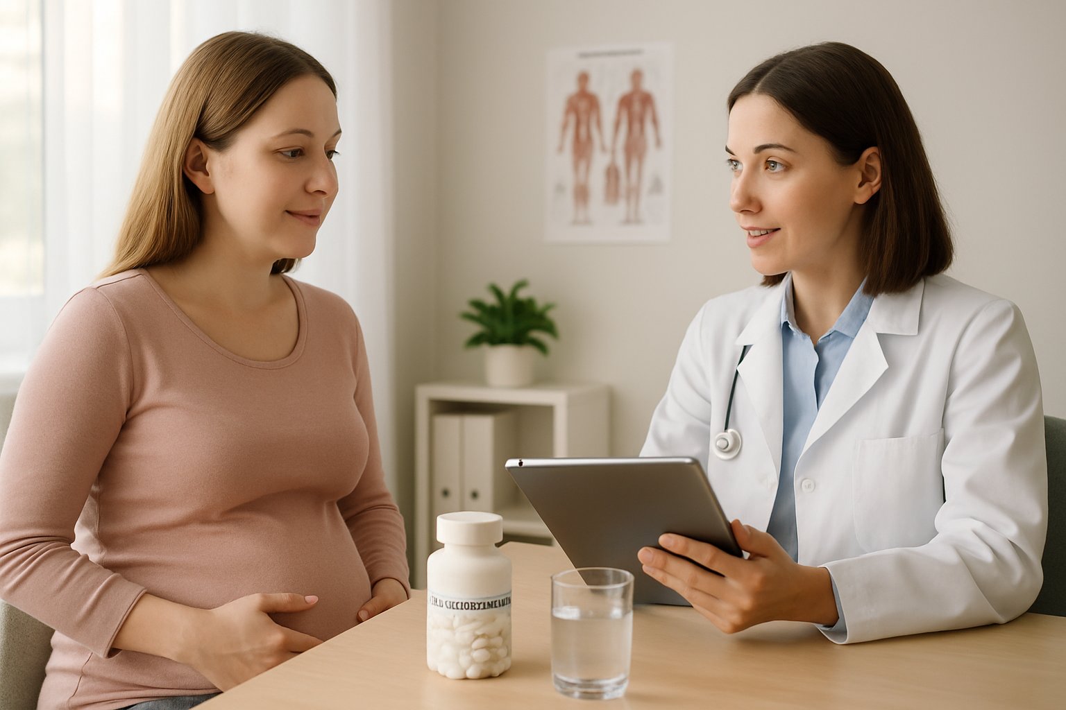 v2-1345lx-6n9v2 - Preventive Medicine Daily A pregnant woman and a female doctor having a calm discussion in a medical office with acetaminophen pills on the desk.