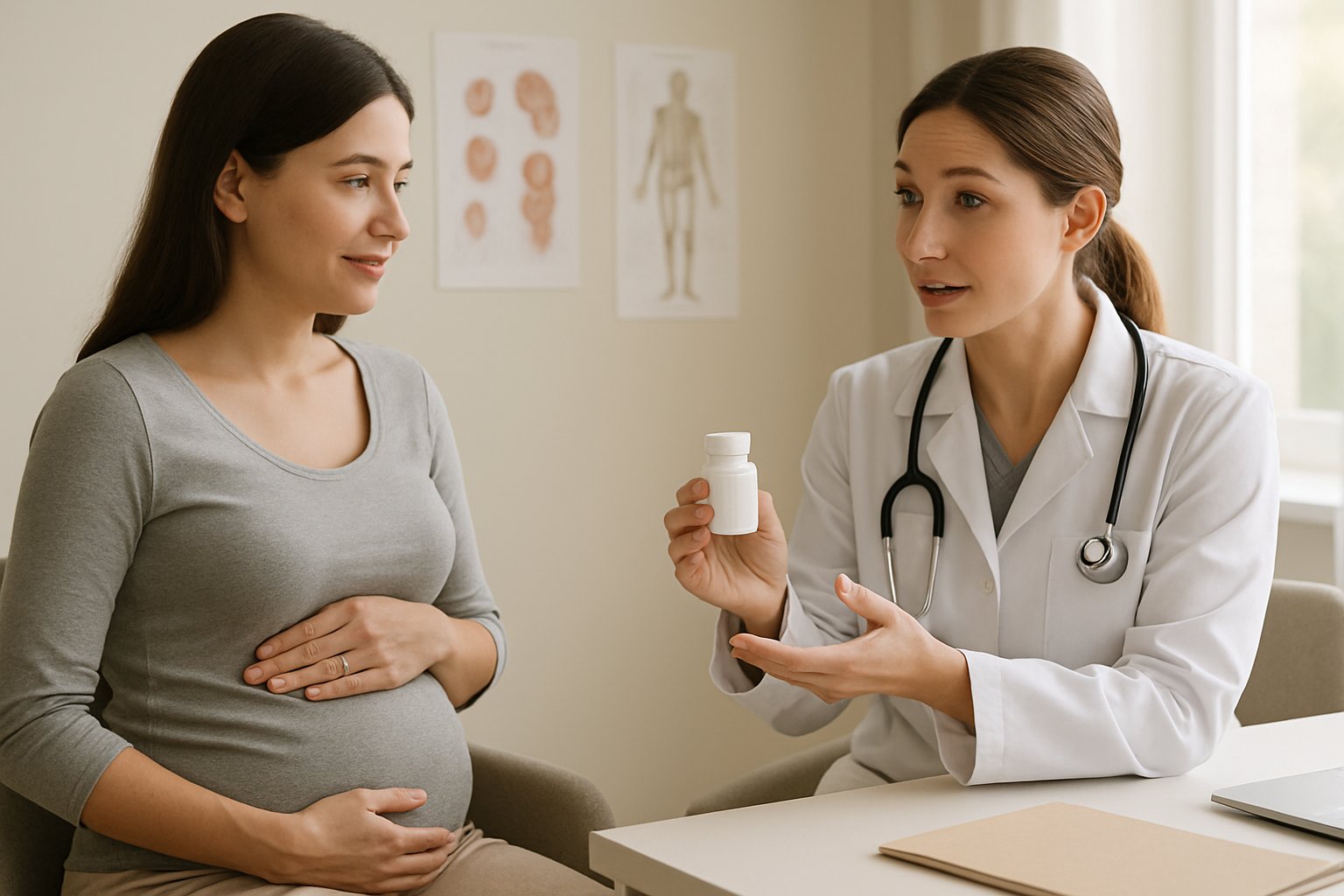 v2-1345mo-2k5on - Preventive Medicine Daily A pregnant woman and a female doctor discussing medication safety in a bright medical office.