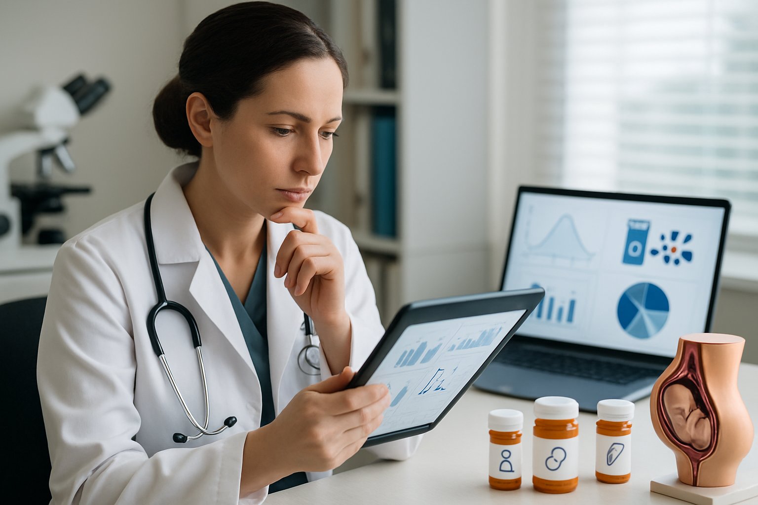 v2-1345nj-b1jms - Preventive Medicine Daily A female doctor in a medical office reviewing data on a tablet with medical equipment and pregnancy models nearby.