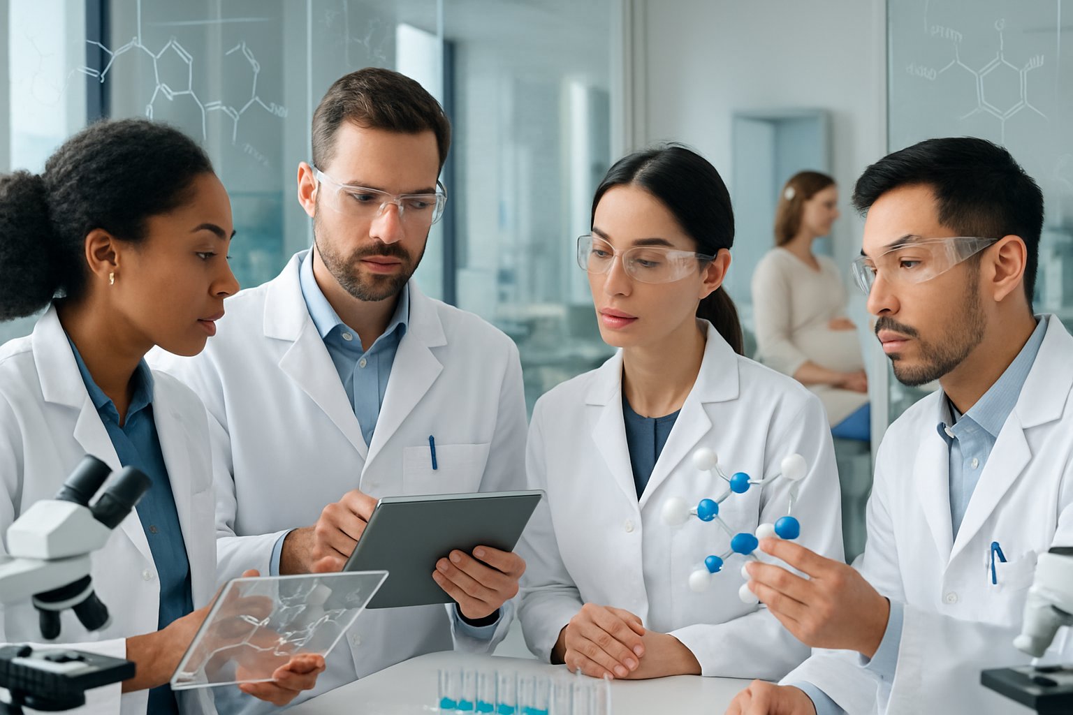 v2-1345ob-44859 - Preventive Medicine Daily Medical researchers discussing data in a lab while a pregnant woman consults with a doctor in a clinical setting.