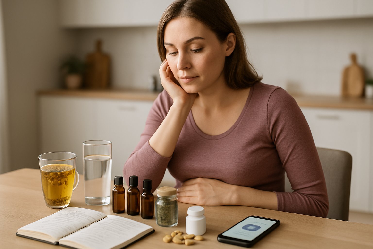 v2-1345p2-u2p6u - Preventive Medicine Daily A pregnant woman sitting at a kitchen table looking thoughtfully at natural remedies and supplements.