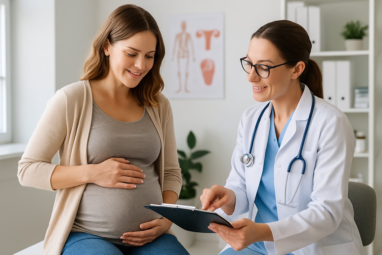 Acetaminophen and autism - Preventive Medicine Daily A pregnant woman consulting with a female healthcare professional in a medical office.