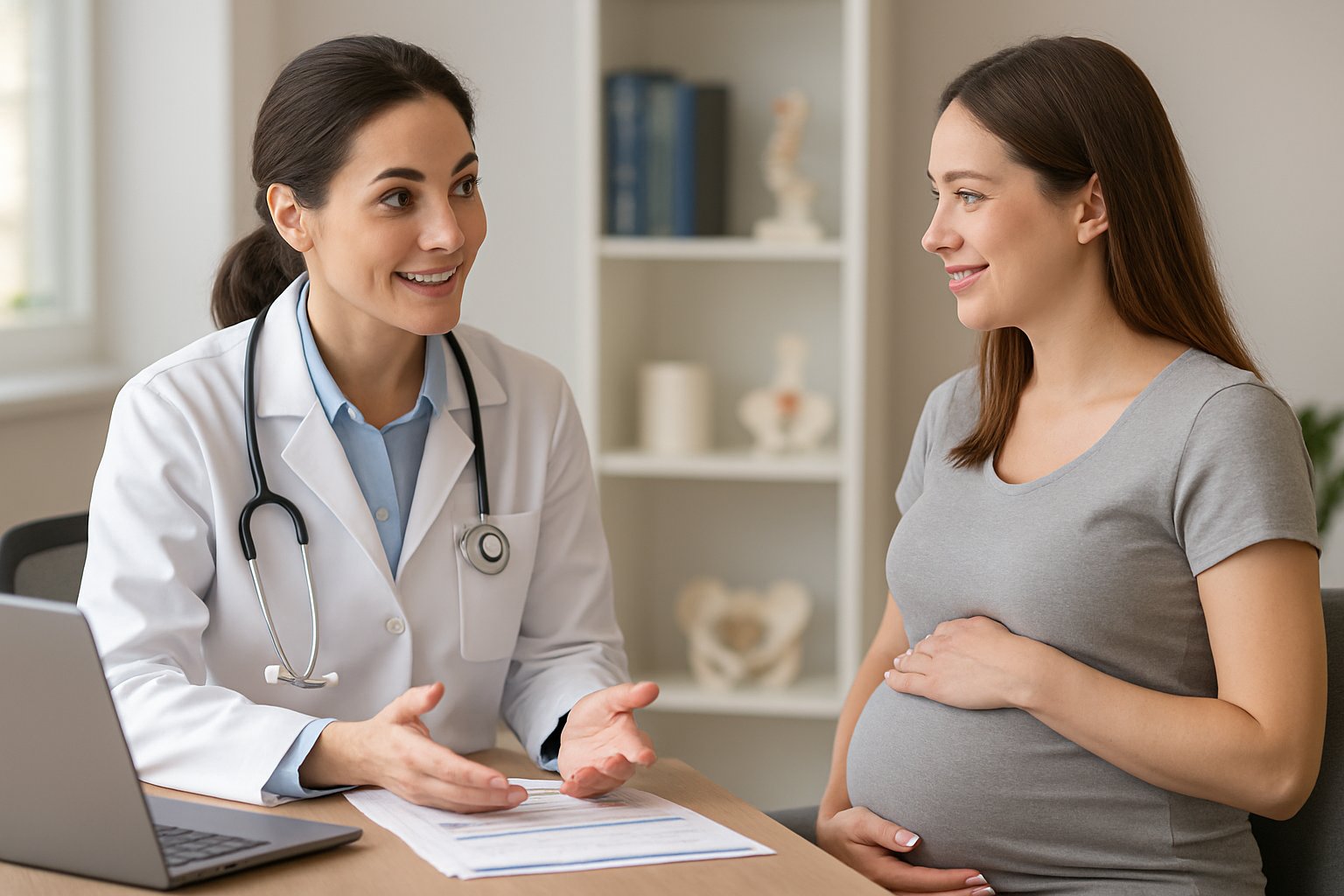 v2-1345q9-kbov8 - Preventive Medicine Daily A pregnant woman talking with a female doctor in a medical office, both engaged in a caring conversation.