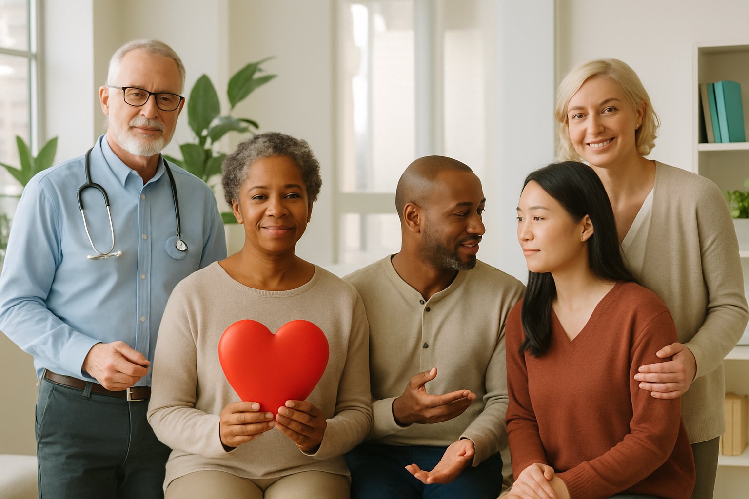 5 components of sexual health - Preventive Medicine Daily A diverse group of five adults in a bright room, each holding or showing objects symbolizing different aspects of sexual health, including physical health, emotional well-being, communication, relationships, and education.