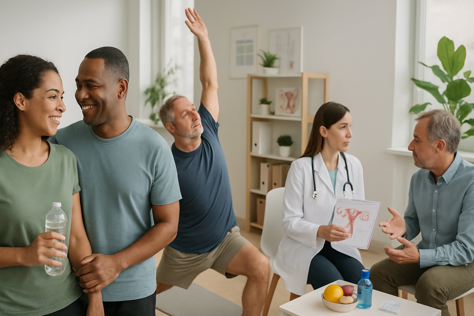 v2-134enh-3h8ok - Preventive Medicine Daily A diverse group of adults engaging in activities promoting reproductive health and hormonal balance in a wellness center, including consultation with a healthcare professional, yoga, and friendly conversation.