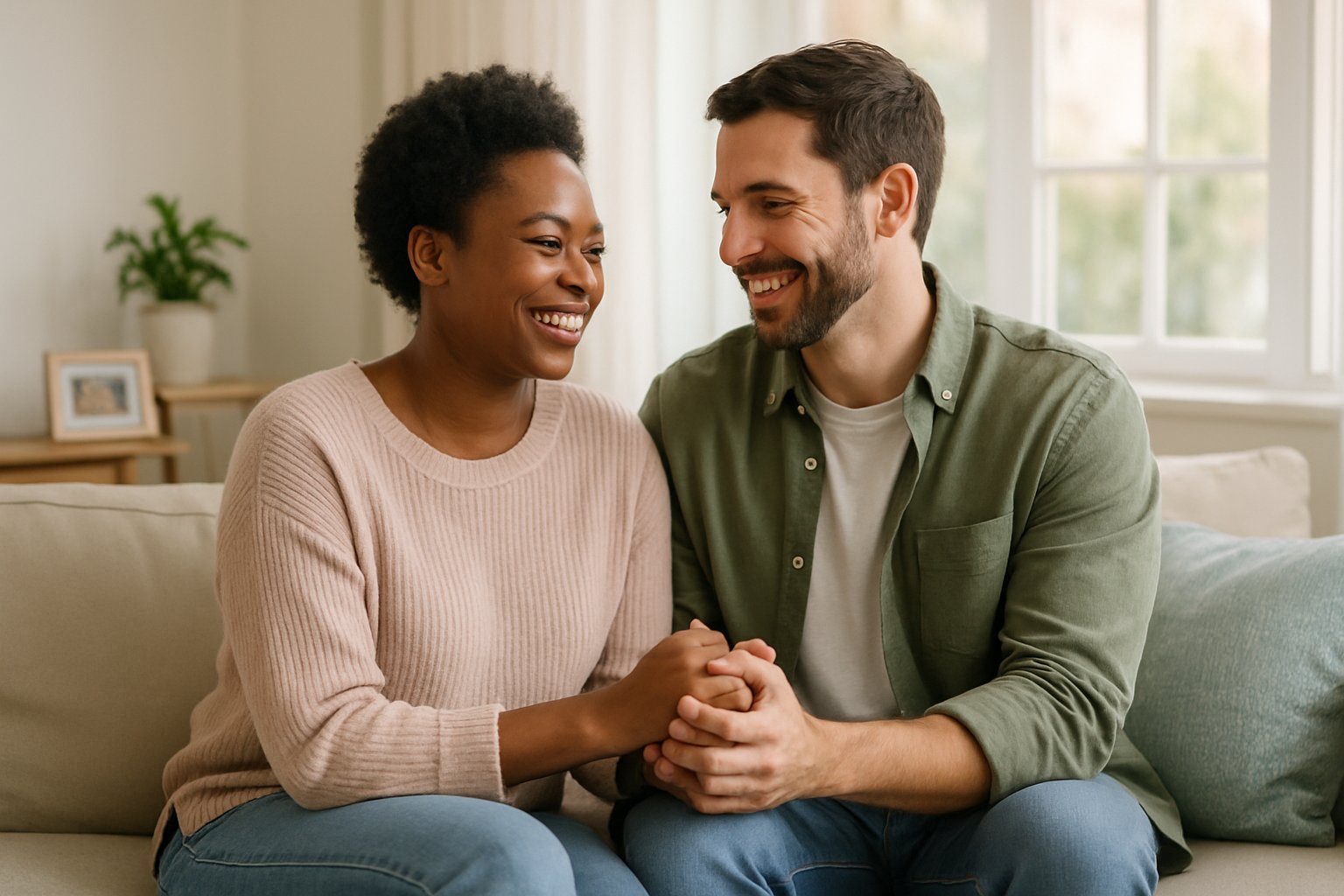 v2-134eo3-nfufl - Preventive Medicine Daily A diverse couple sitting closely on a sofa, smiling warmly and holding hands in a bright living room.