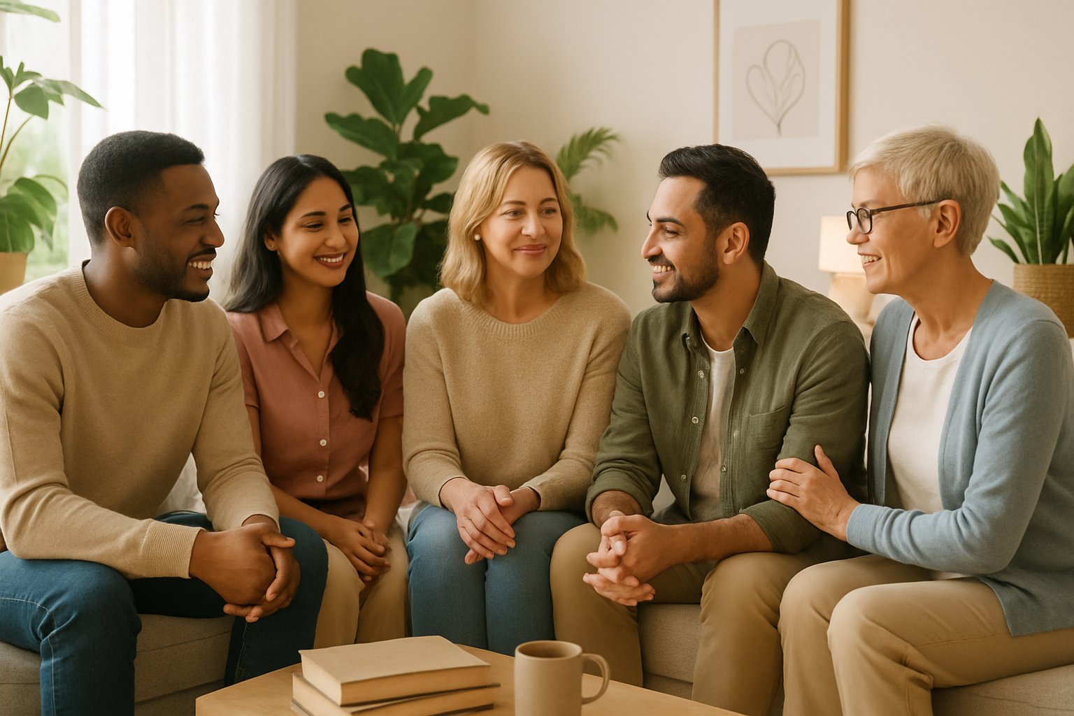 v2-134eos-1jh8k - Preventive Medicine Daily Five diverse adults sitting together in a bright living room, engaged in a warm and supportive conversation.