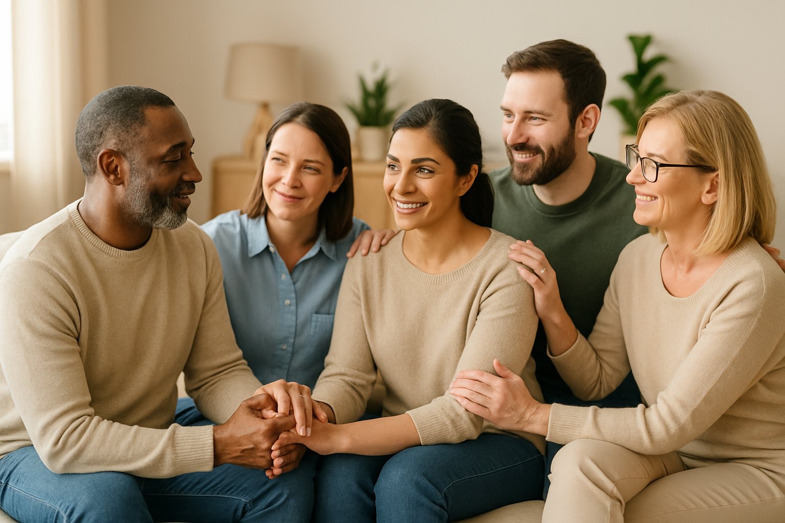 v2-134epe-piqxt - Preventive Medicine Daily A diverse group of adults in a cozy room showing supportive and consensual interactions, smiling and communicating respectfully.