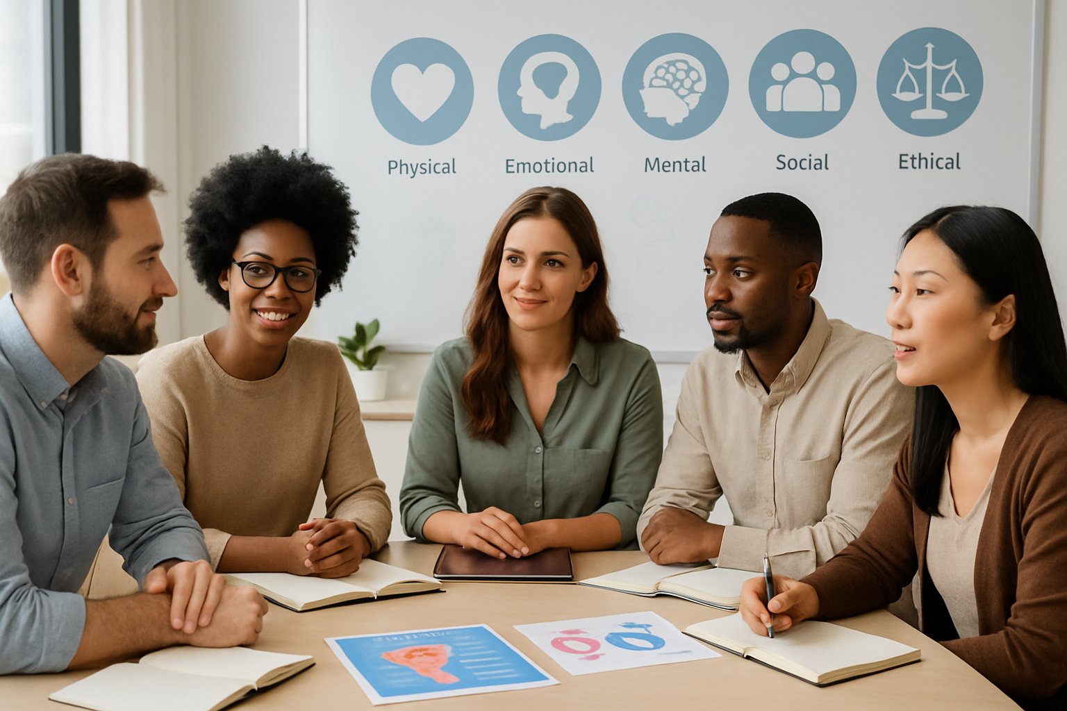 v2-134eq1-1ko7g - Preventive Medicine Daily A diverse group of five adults sitting around a table in an office, engaged in a thoughtful discussion about sexual health with educational materials on the table.