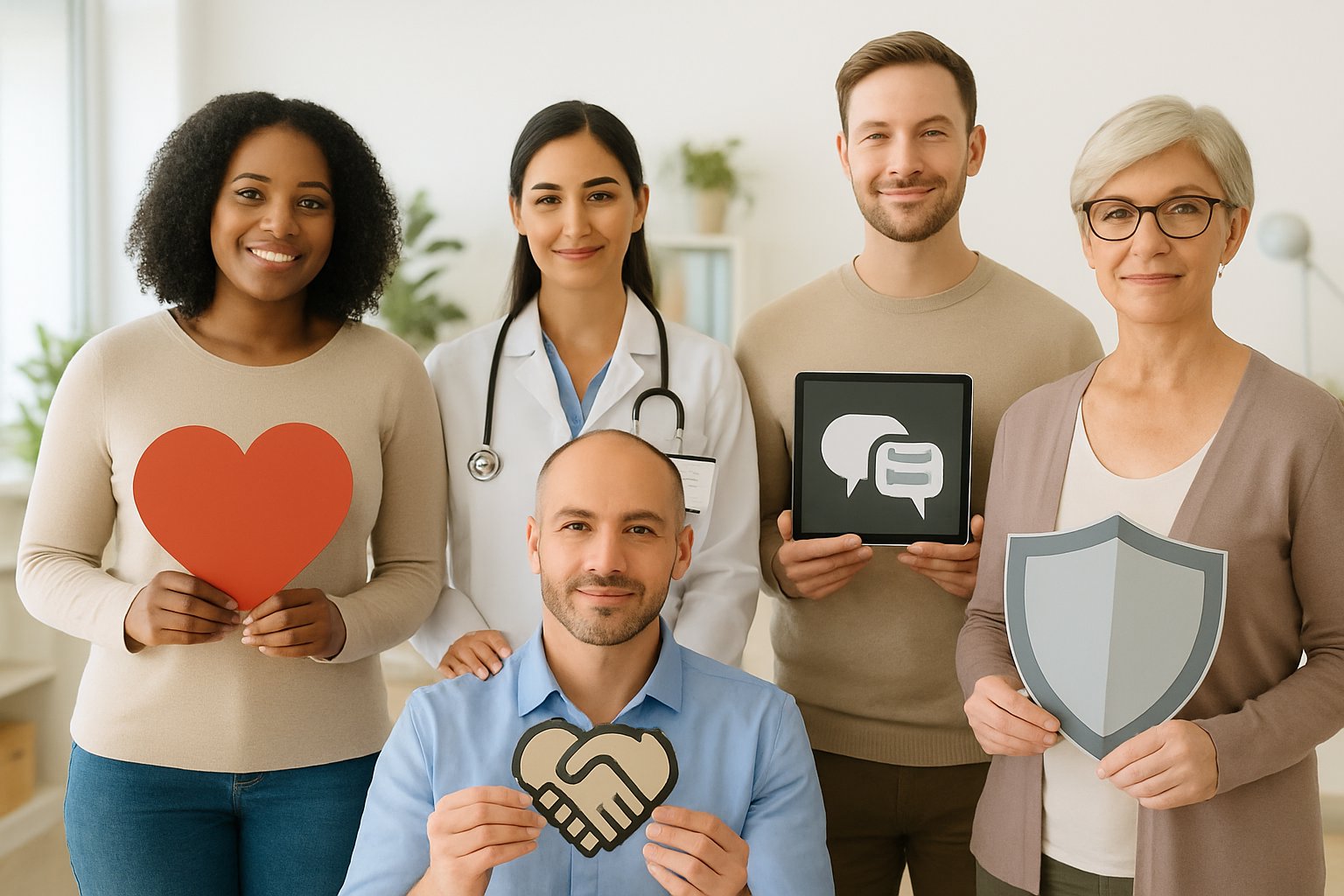 v2-134eql-ter74 - Preventive Medicine Daily Five diverse adults in a bright wellness setting each holding symbols representing different aspects of sexual health.
