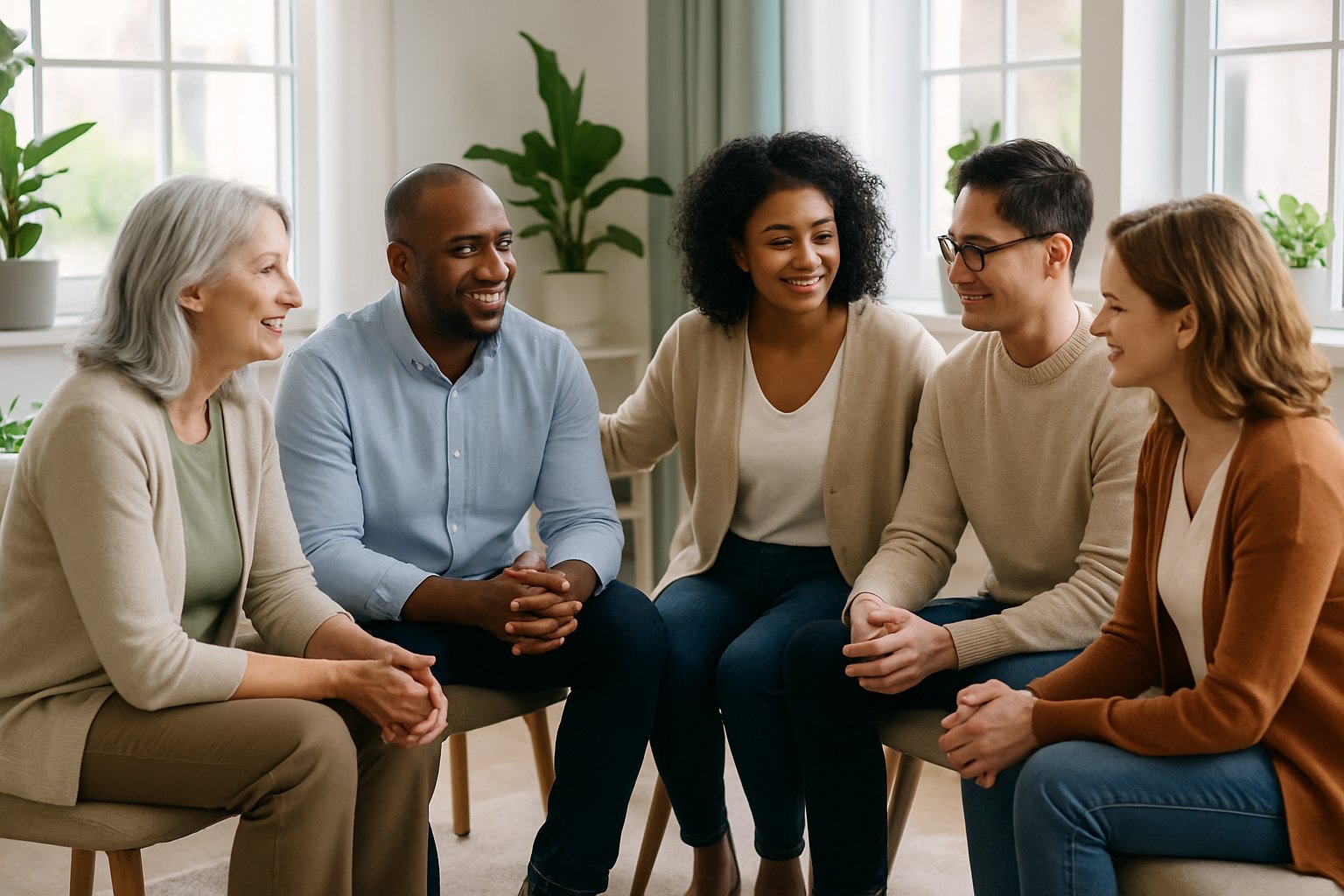 v2-134er9-evtbq - Preventive Medicine Daily A diverse group of five adults sitting in a circle in a bright room, engaged in a supportive and positive conversation.