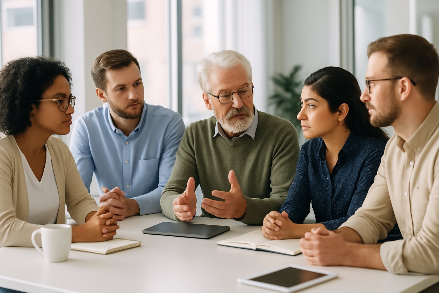 v2-134erx-2nf2g - Preventive Medicine Daily Five diverse adults sitting around a table in an office, engaged in a discussion.