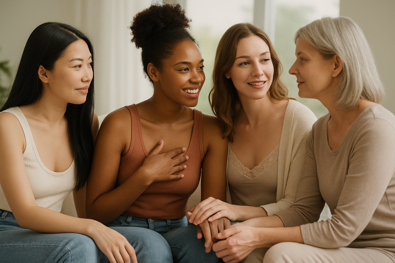 female sexual behavior - Preventive Medicine Daily A diverse group of women sitting and talking together in a bright, comfortable setting, showing expressions of confidence and connection.