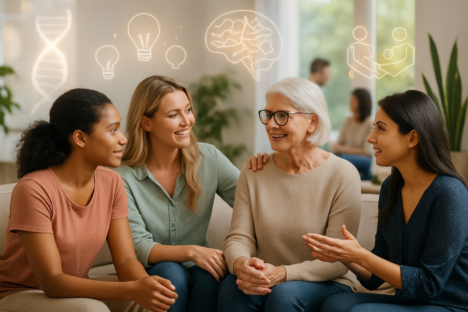 v2-134ff7-6urlc - Preventive Medicine Daily A diverse group of women engaging in thoughtful conversation and interaction in a bright, comfortable setting with subtle symbolic elements representing biology, psychology, and social connections.