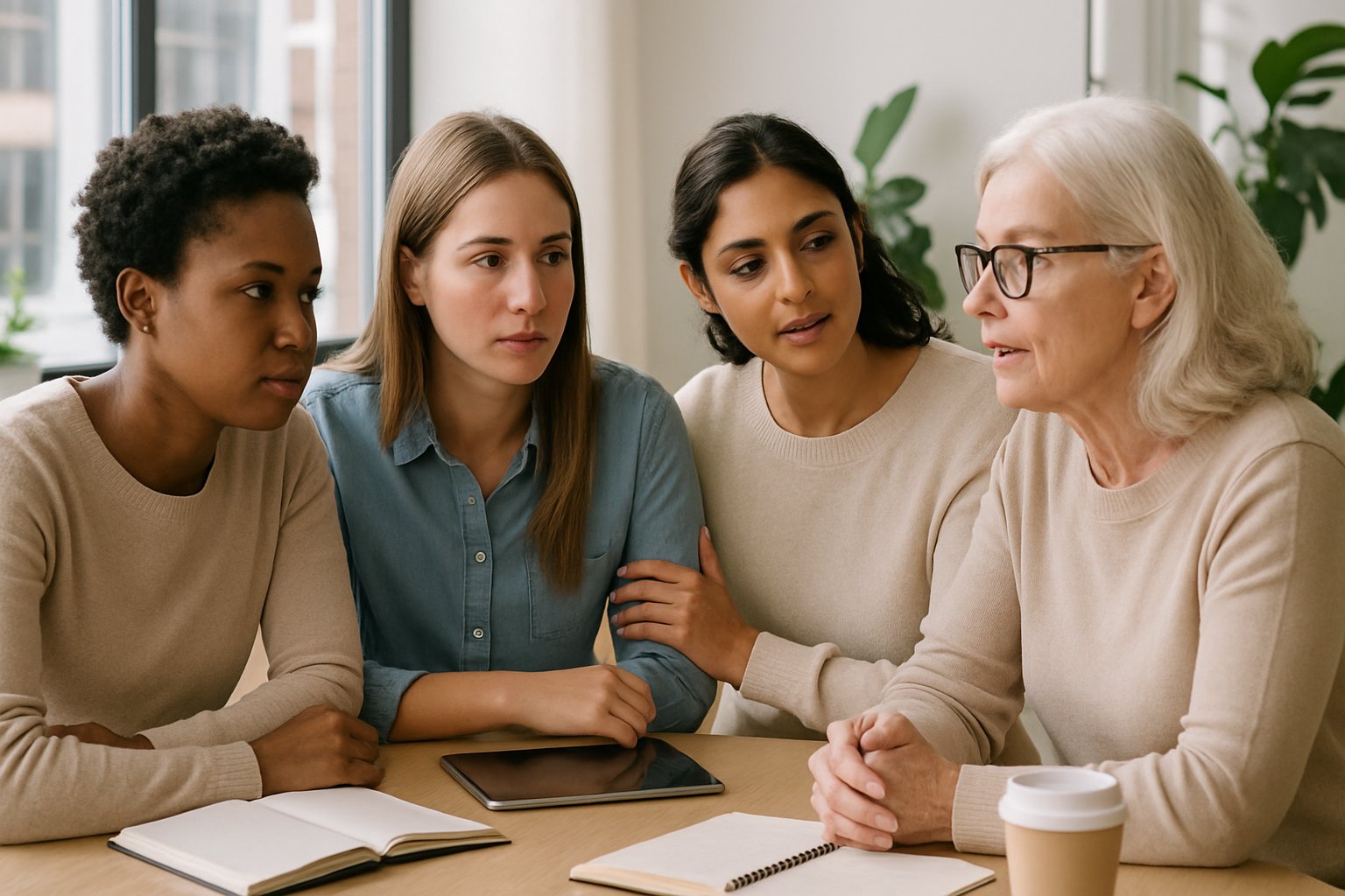 v2-134fg7-o8bwp - Preventive Medicine Daily A diverse group of women having a supportive discussion around a table in a bright office.