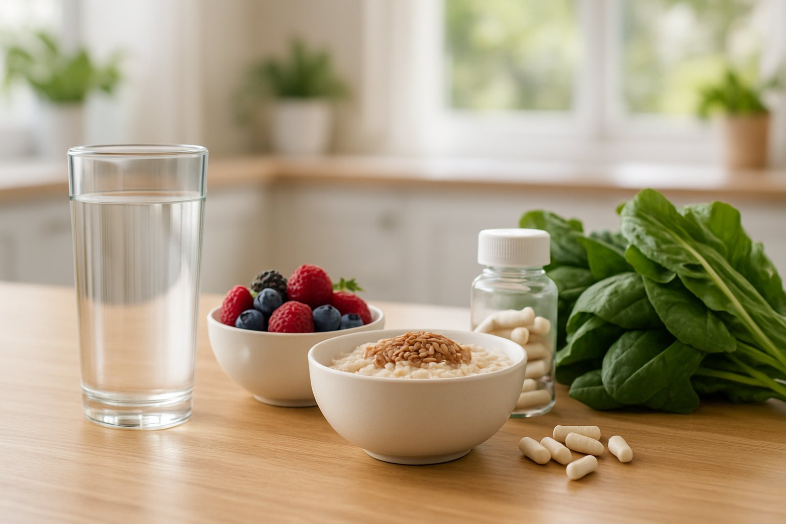 v2-13509v-beo5c - Preventive Medicine Daily A kitchen countertop with a glass of water, fresh berries, oatmeal with flaxseeds, probiotic capsules, and leafy greens arranged neatly.