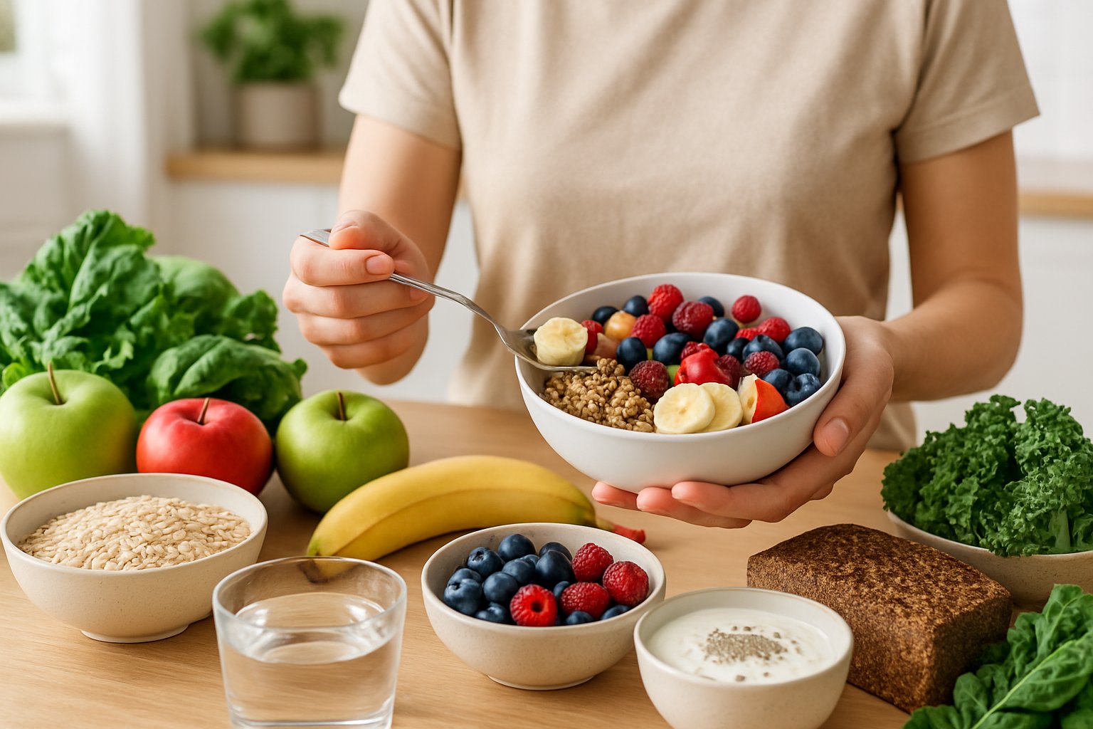 v2-1350ak-fz7pl - Preventive Medicine Daily A person preparing a healthy meal with fresh fruits, vegetables, whole grains, and water on a kitchen table.